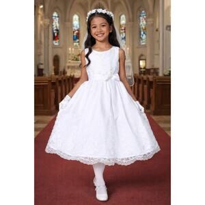 NEW Girls First Holy Communion Dress Size 8 - Emb Tulle Tea-length Sequins